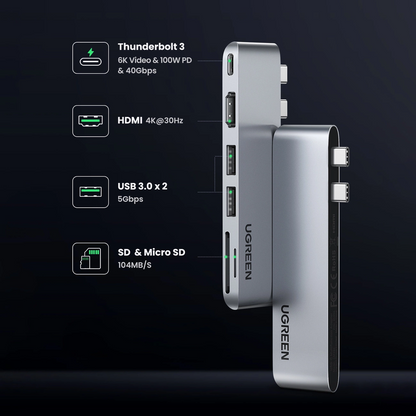 UGREEN CM380 USB-C Hub (80856) für Apple MacBook Pro / Air Serie, 2 x USB-A 3.0 - 1 x USB-C - 1 x HDMI - 1 x SD - 1 x microSD