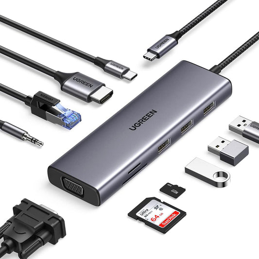 Hub USB-C UGREEN CM498 (15601), 3 x USB-A 3.0 - 1 x USB-C - 1 x HDMI - 1 x VGA - 1 x Jack 3,5 mm - 1 x RJ45 - 1 x SD - 1 x microSD, Grau