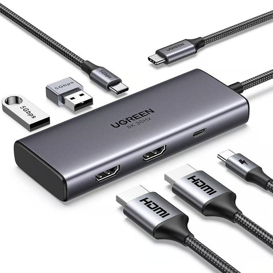 Hub USB-C UGREEN CM498 (15852), 2 x USB-A 3.0 - 2 x USB-C - 2 x HDMI, Grau