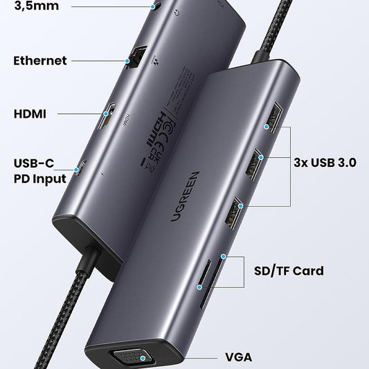Hub USB-C UGREEN CM498 (15601), 3 x USB-A 3.0 - 1 x USB-C - 1 x HDMI - 1 x VGA - 1 x Jack 3,5 mm - 1 x RJ45 - 1 x SD - 1 x microSD, Grau