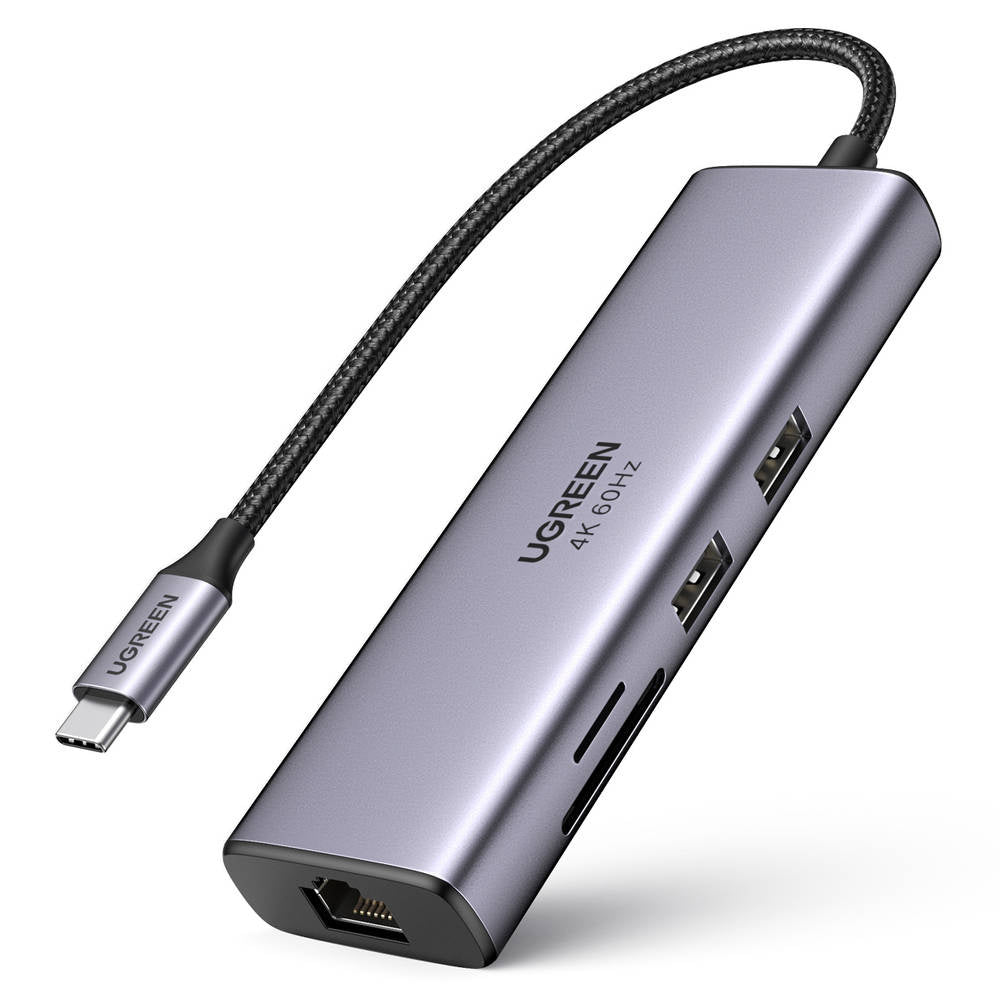 Hub USB-C UGREEN CM512 (60515), 2 x USB-A 3.0 - 1 x USB-C - 1 x HDMI - 1 x SD - 1 x microSD - 1 x RJ45, Grau