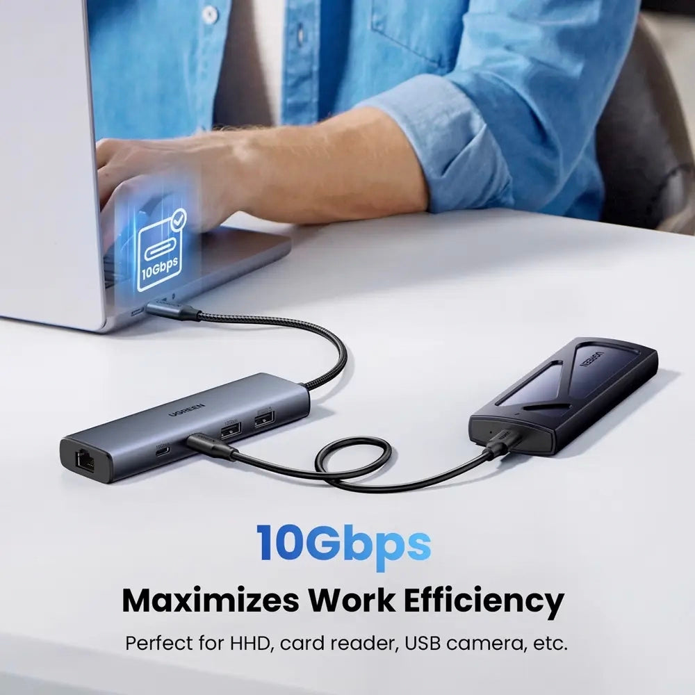 Hub USB-C UGREEN CM512, 1 x USB-A 3.2 - 1 x USB-A - 3 x USB-C - 1 x RJ45, Grau