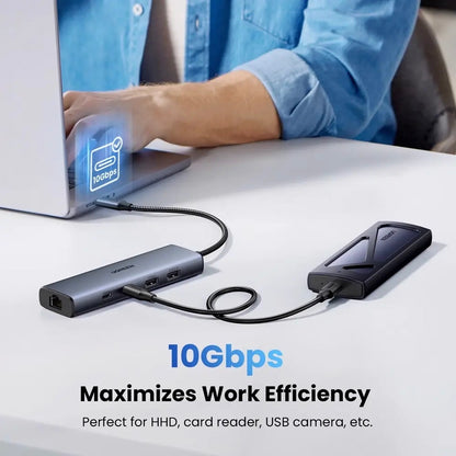 Hub USB-C UGREEN CM512, 1 x USB-A 3.2 - 1 x USB-A - 3 x USB-C - 1 x RJ45, Grau