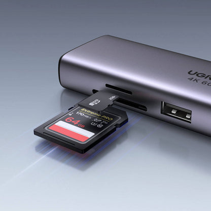 Hub USB-C UGREEN CM512 (60515), 2 x USB-A 3.0 - 1 x USB-C - 1 x HDMI - 1 x SD - 1 x microSD - 1 x RJ45, Grau