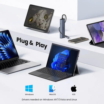 Hub USB-C UGREEN CM512, 1 x USB-A 3.2 - 1 x USB-A - 3 x USB-C - 1 x RJ45, Grau
