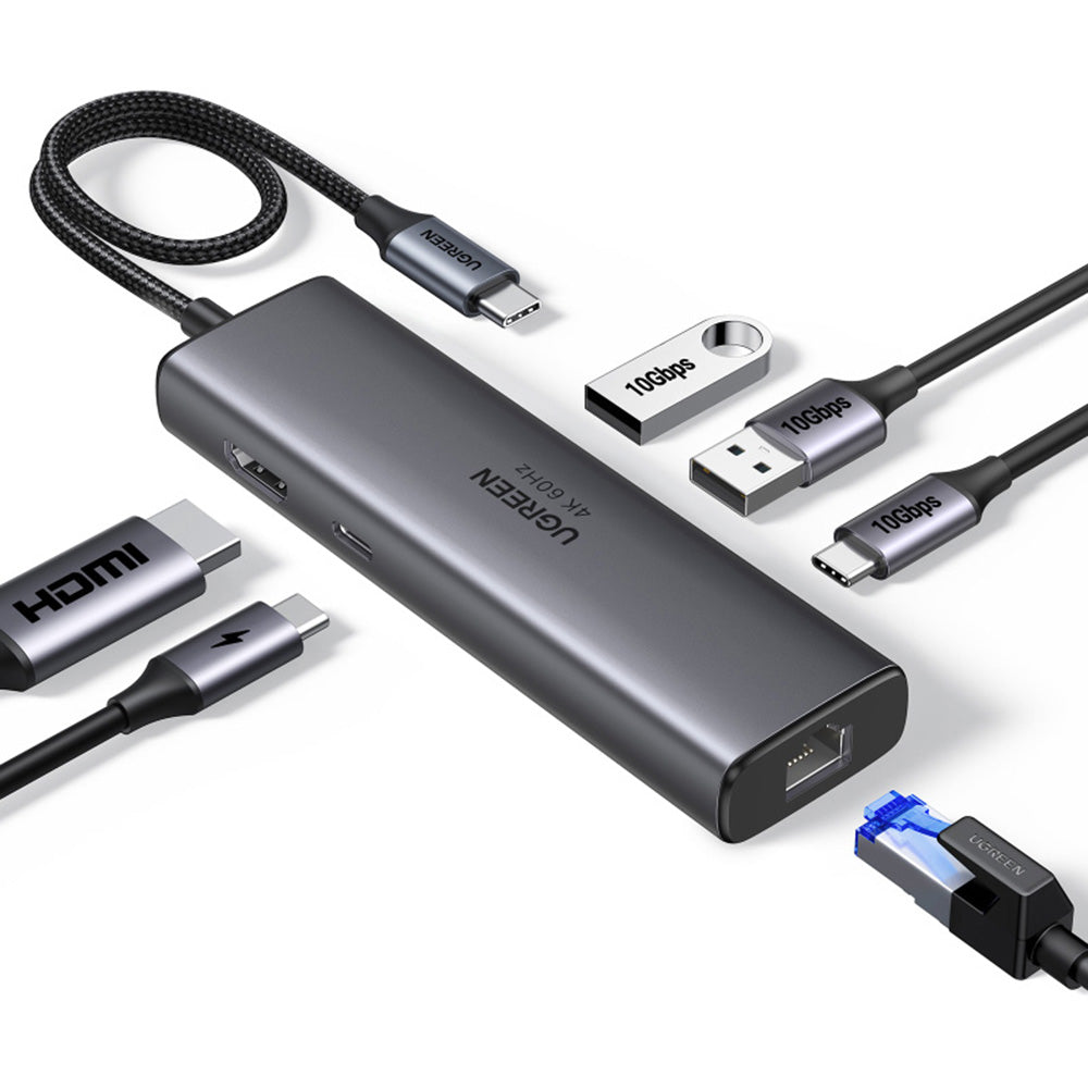 Hub USB-C UGREEN CM512 (45000), 2 x USB-A 3.2 - 2 x USB-C - 1 X HDMI - 1 x RJ45, Grau