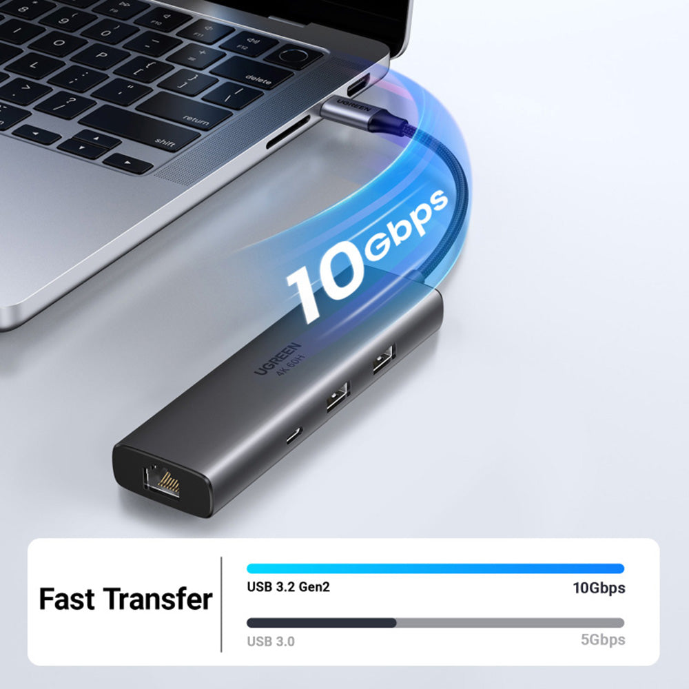 Hub USB-C UGREEN CM512 (45000), 2 x USB-A 3.2 - 2 x USB-C - 1 X HDMI - 1 x RJ45, Grau