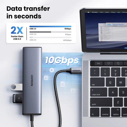 Hub USB-C UGREEN CM512, 1 x USB-A 3.2 - 1 x USB-A - 3 x USB-C - 1 x RJ45, Grau
