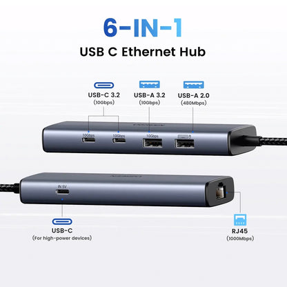 Hub USB-C UGREEN CM512, 1 x USB-A 3.2 - 1 x USB-A - 3 x USB-C - 1 x RJ45, Grau