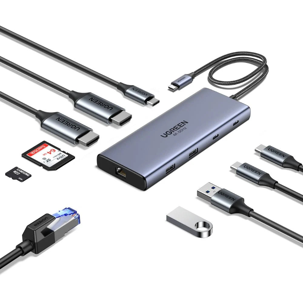 Hub USB-C UGREEN CM639 (45380), 2 x USB-A 3.2 - 3 x USB-C - 2 x HDMI - 1 x RJ45 - 1 x SD - 1 x microSD, Grau
