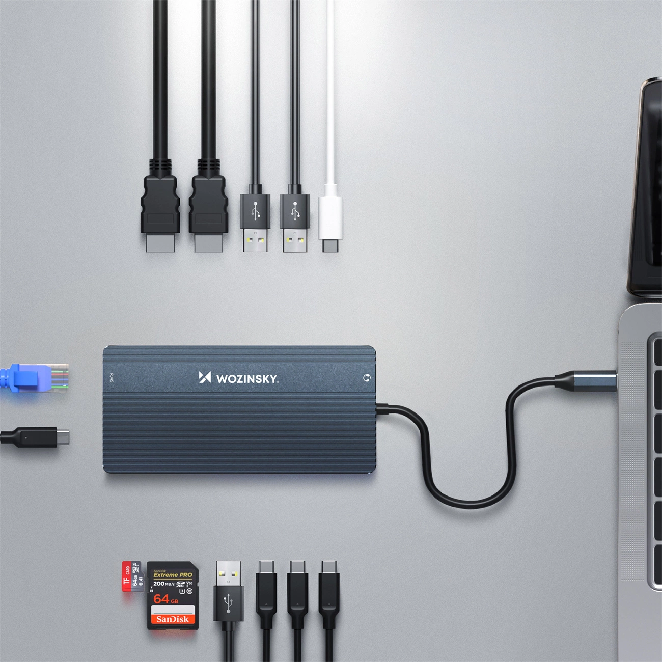 USB-C Hub WZK WDS03Y5S, 1 x USB-A 3.1 - 2 x USB-A - 5 x USB-C - 2 x HDMI - 1 x 3,5mm Klinkenstecker - 1 x RJ45 - 1 x SD - 1 x microSD, Grau