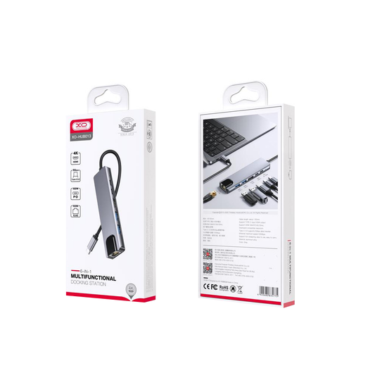USB-C Hub XO Design HUB013, 1 x USB-A - 1 x USB-A 3.0 - 2 x USB-C - 1 x HDMI - 1 x RJ45, Grau