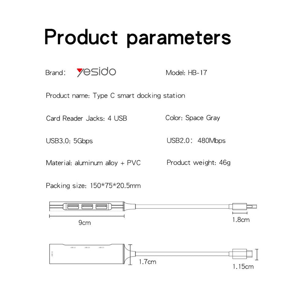 USB-C Hub Yesido HB17, 4in1, Grau