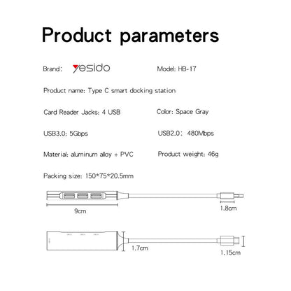 USB-C Hub Yesido HB17, 4in1, Grau