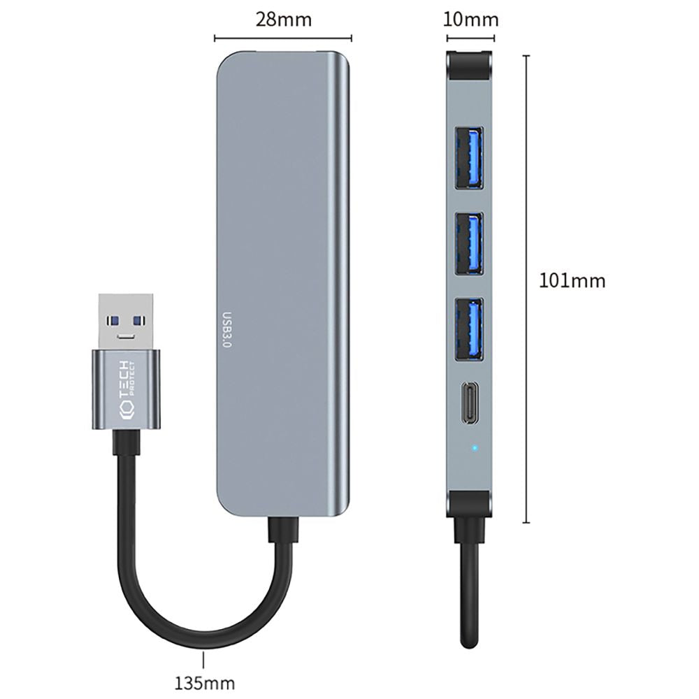 Tech-Protect V0 USB-Hub, 3 x USB-A 3.0 – 1 x USB-A – 1 x USB-C, Grau