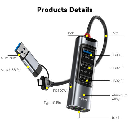 USB / USB-C Hub Yesido HB21, 5in1, Grau