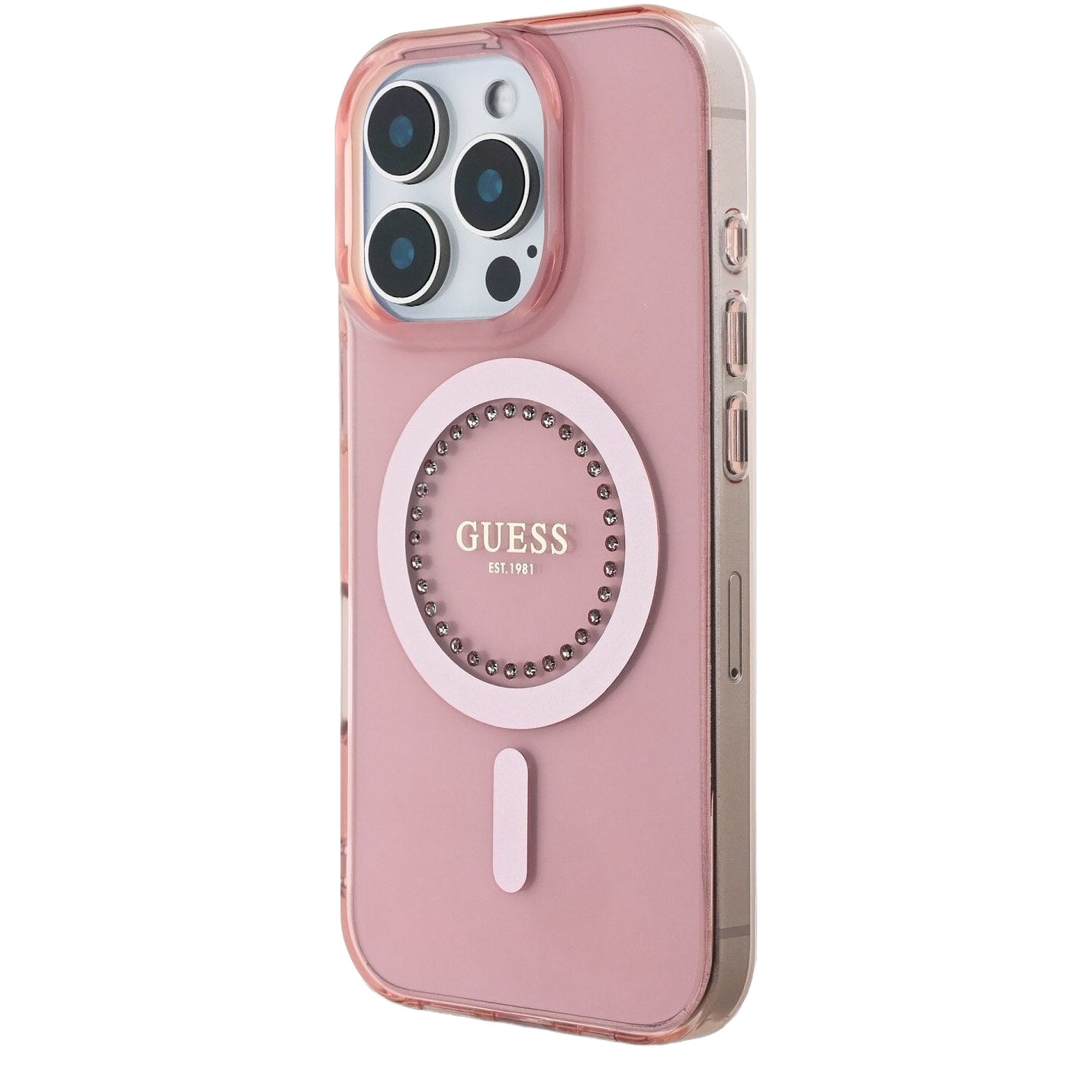MagSafe Hülle für Apple iPhone 16 Pro Max, Guess, IML Rhinestones Ring, Rosa GUHMP16XPFTDTEP