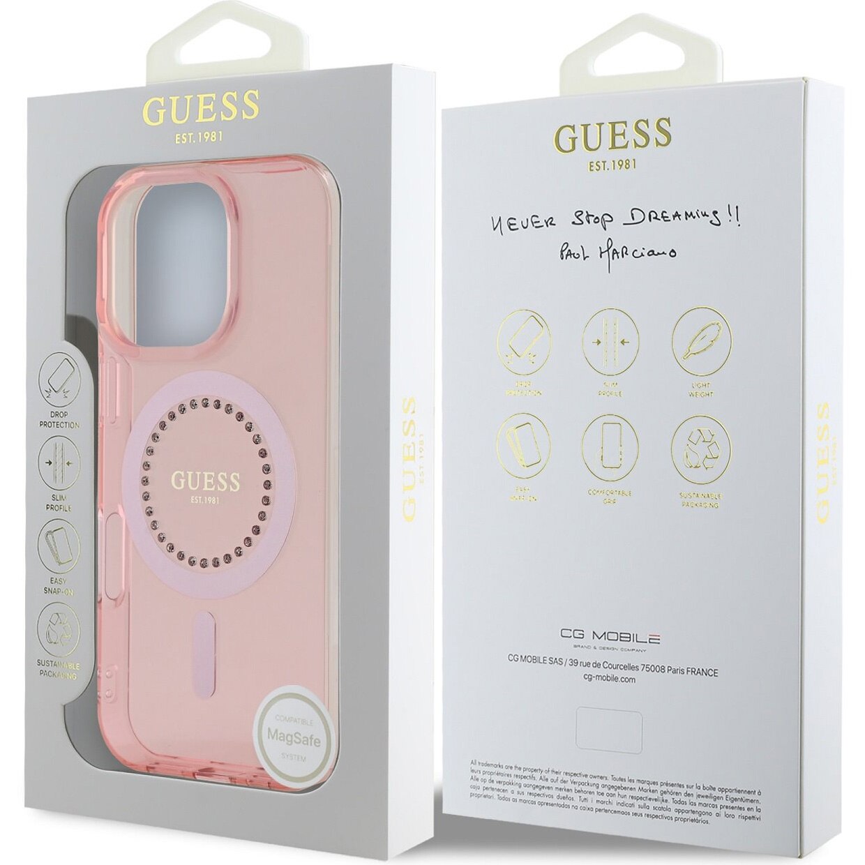 MagSafe Hülle für Apple iPhone 16 Pro Max, Guess, IML Rhinestones Ring, Rosa GUHMP16XPFTDTEP