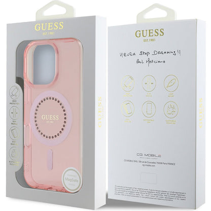 MagSafe Hülle für Apple iPhone 16 Pro Max, Guess, IML Rhinestones Ring, Rosa GUHMP16XPFTDTEP
