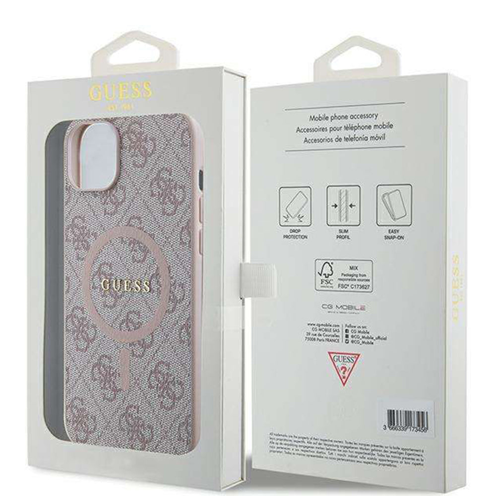 MagSafe Hülle für Apple iPhone 14, Guess, 4G Ring Classic Logo, Rosa