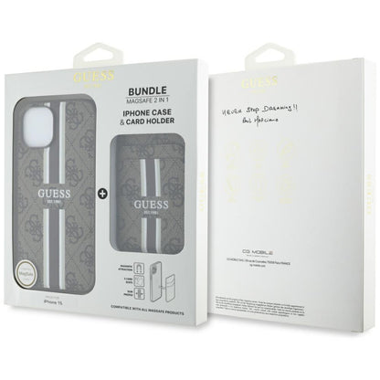 MagSafe Hülle für Apple iPhone 15, Guess, Cardslot 4G Stripes, Braun