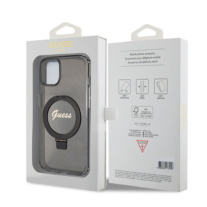 MagSafe Hülle für Apple iPhone 15, Guess, Ring Stand Script Glitter, Schwarz