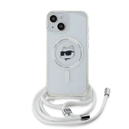 MagSafe Hülle für Apple iPhone 15, Karl Lagerfeld, IML Crossbody Choupette's Head mit Trageriemen, Transparent