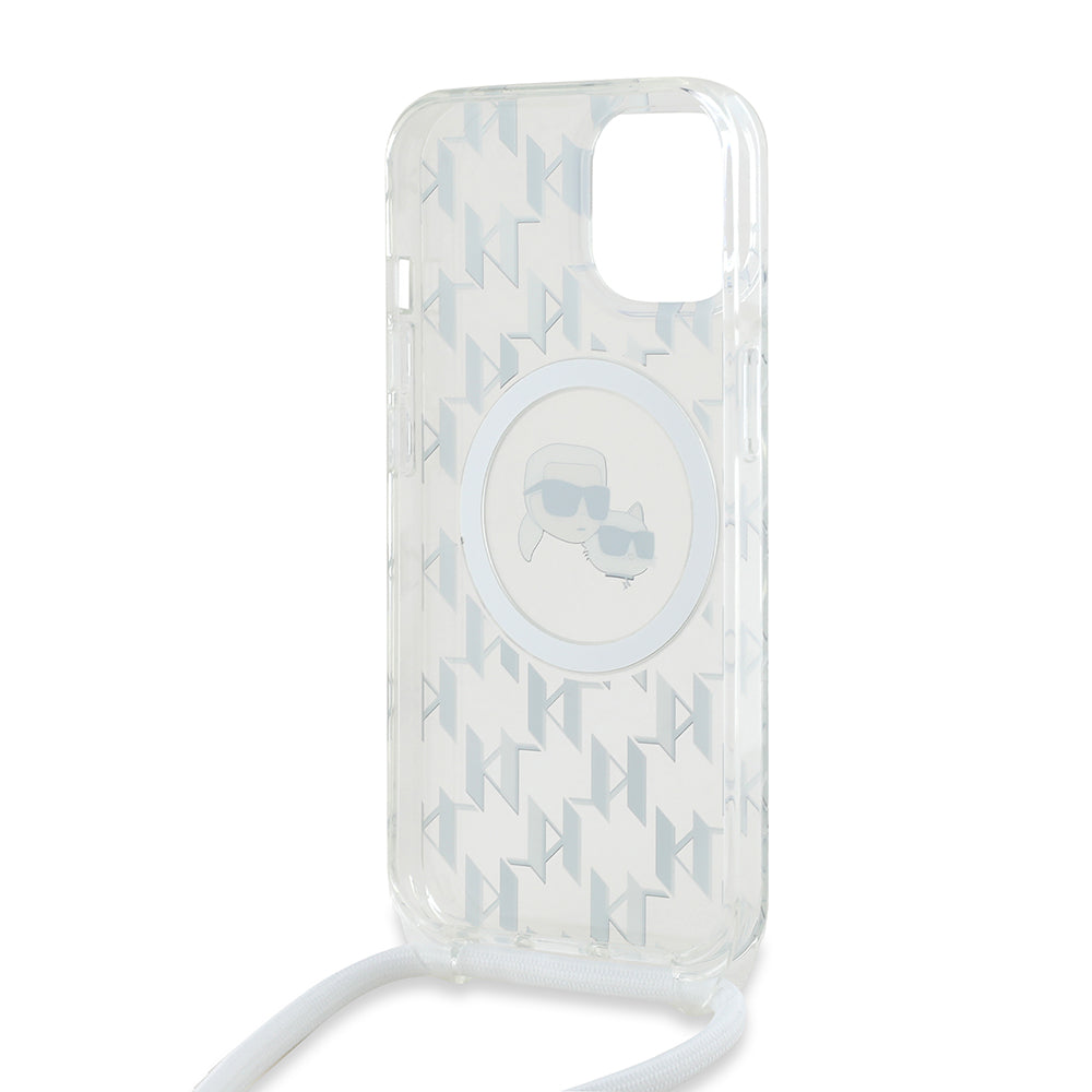 MagSafe Hülle für Apple iPhone 15, Karl Lagerfeld, IML Crossbody Monogram Karl & Choupette's Heads, Transparent