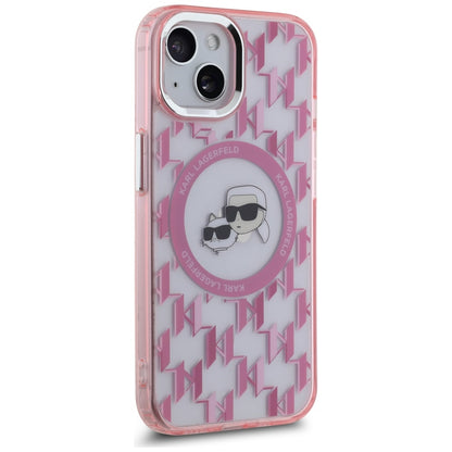 MagSafe Case for Apple iPhone 15, Karl Lagerfeld, IML Monogram Karl & Choupette's Heads, Pink