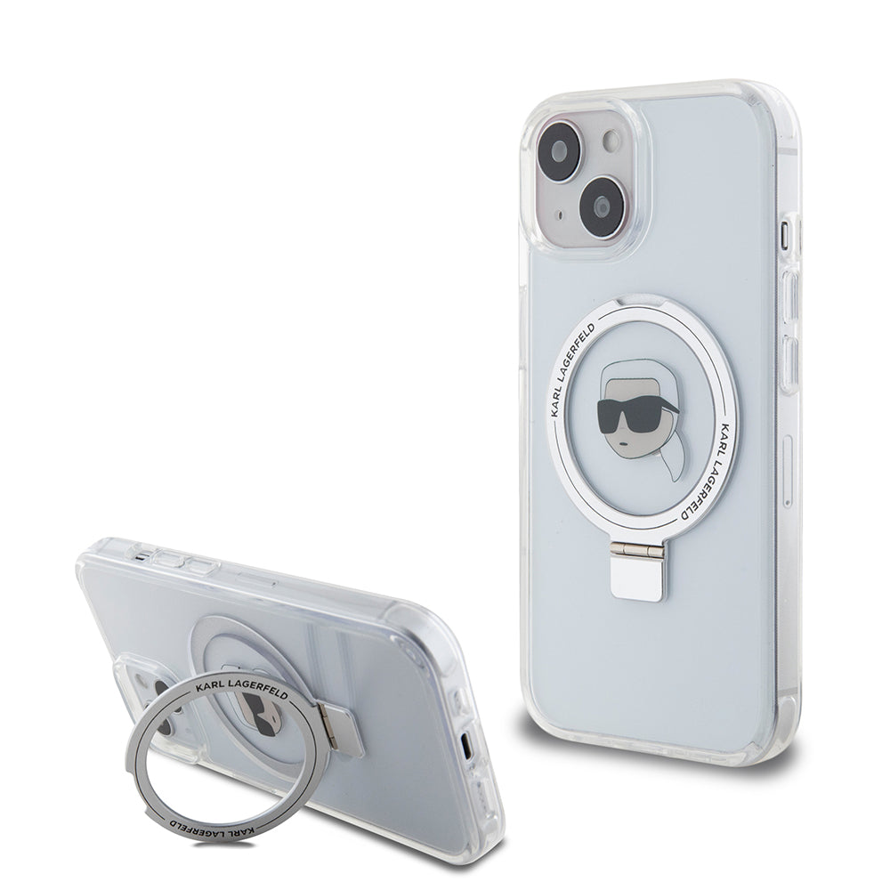 MagSafe Hülle für Apple iPhone 15, Karl Lagerfeld, Ring Stand Karl's Head, Weiß