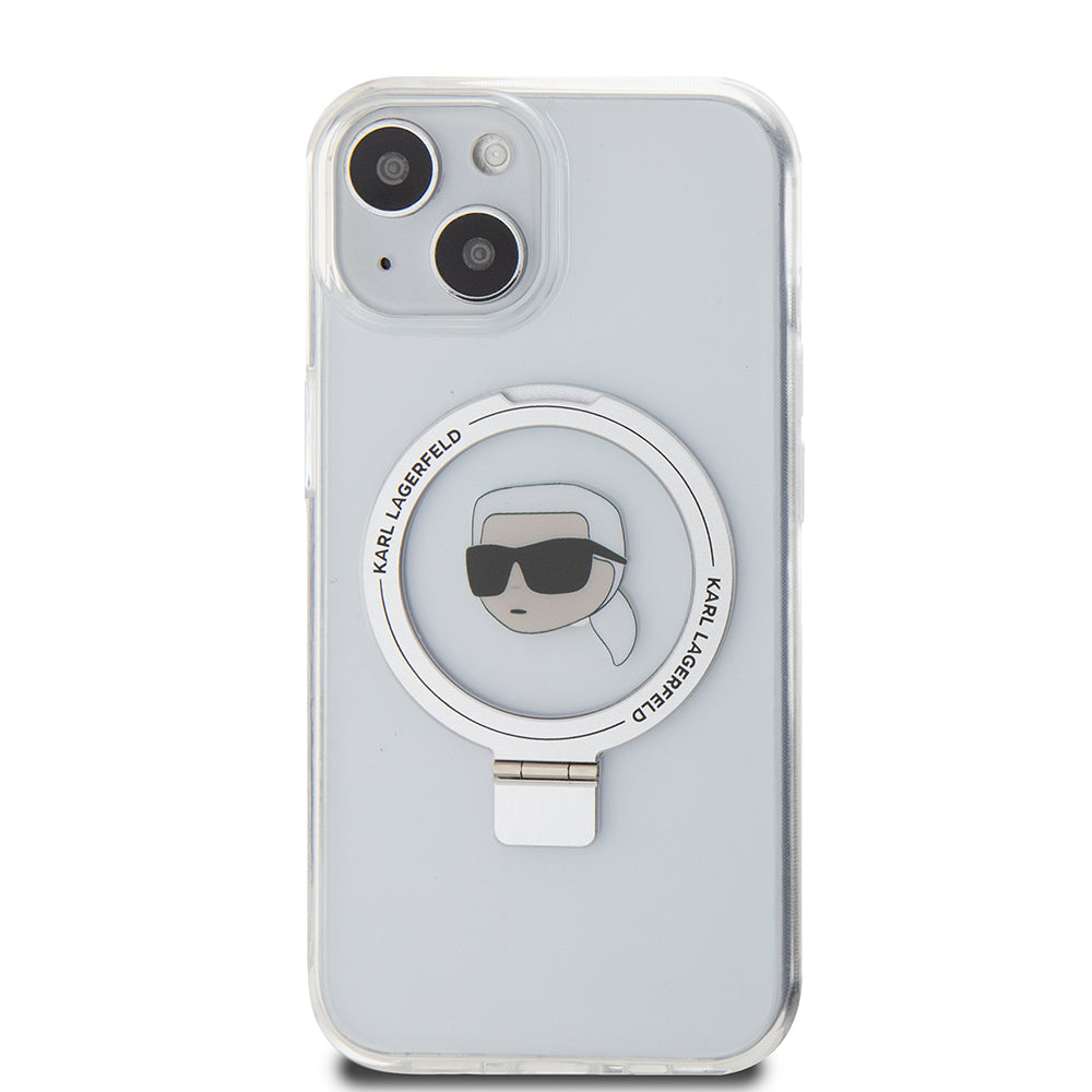 MagSafe Hülle für Apple iPhone 15, Karl Lagerfeld, Ring Stand Karl's Head, Weiß