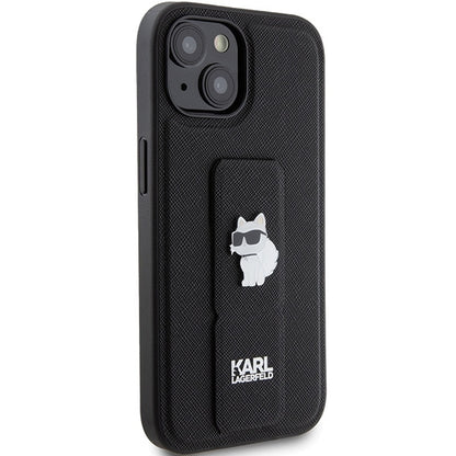 MagSafe Hülle für Apple iPhone 15, Karl Lagerfeld, Saffiano Gripstand Choupette, Schwarz