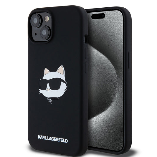 MagSafe Hülle für Apple iPhone 15, Karl Lagerfeld, Silikon Choupette's Head, Schwarz