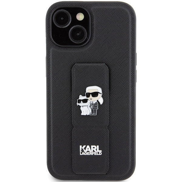 MagSafe Case for Apple iPhone 15 Plus / 14 Plus, Karl Lagerfeld, Saffiano Gripstand Karl & Choupette, Black