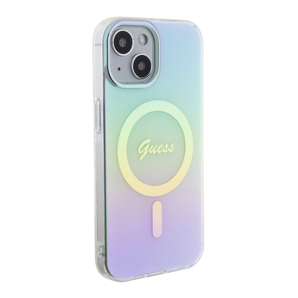 MagSafe Hülle für Apple iPhone 15 Plus, Guess, IML Iridescent, Türkis