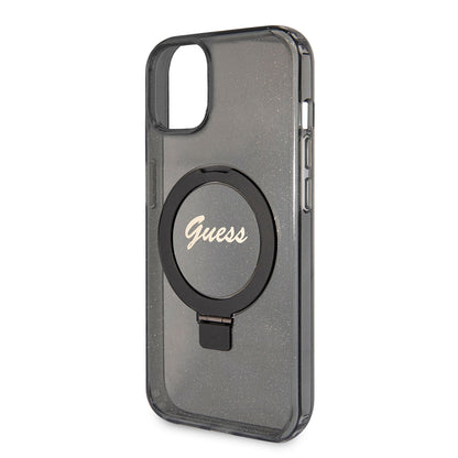 MagSafe Hülle für Apple iPhone 15 Plus, Guess, Ring Stand Script Glitter, Schwarz