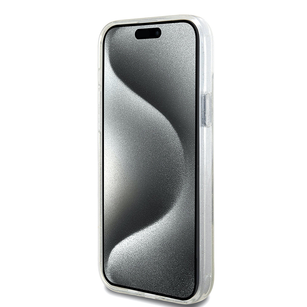 MagSafe Hülle für Apple iPhone 15 Plus, Guess, Ring Stand Script Glitter, Transparent
