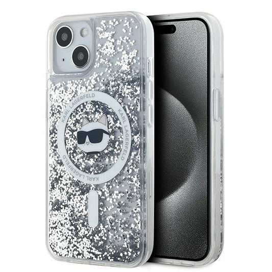 MagSafe Hülle für Apple iPhone 15 Plus, Karl Lagerfeld, Liquid Glitter Choupette's Head, Transparent