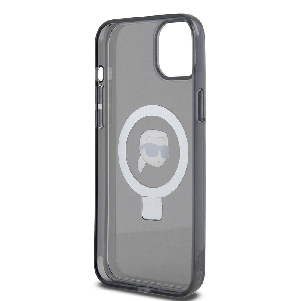 MagSafe Case for Apple iPhone 15 Plus, Karl Lagerfeld, Ring Stand Karl's Head, Black