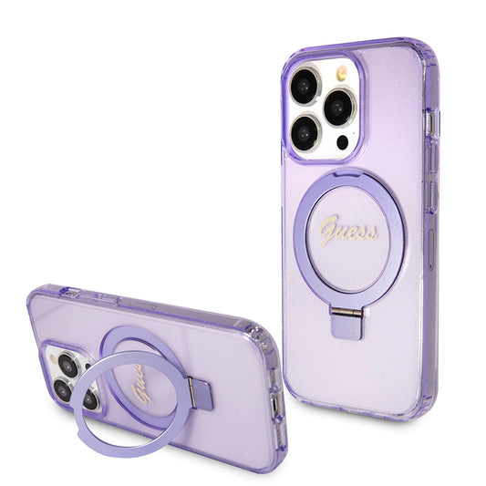 MagSafe Hülle für Apple iPhone 15 Pro, Guess, IML Ring Stand Glitter, Lila