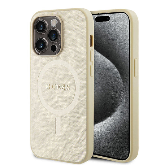MagSafe Hülle für Apple iPhone 15 Pro, Guess, Saffiano, Beige