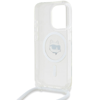 MagSafe Hülle für Apple iPhone 15 Pro, Karl Lagerfeld, IML Crossbody Choupette's Head mit Trageriemen, Transparent