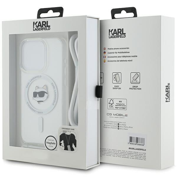 MagSafe Hülle für Apple iPhone 15 Pro, Karl Lagerfeld, IML Crossbody Choupette's Head mit Trageriemen, Transparent