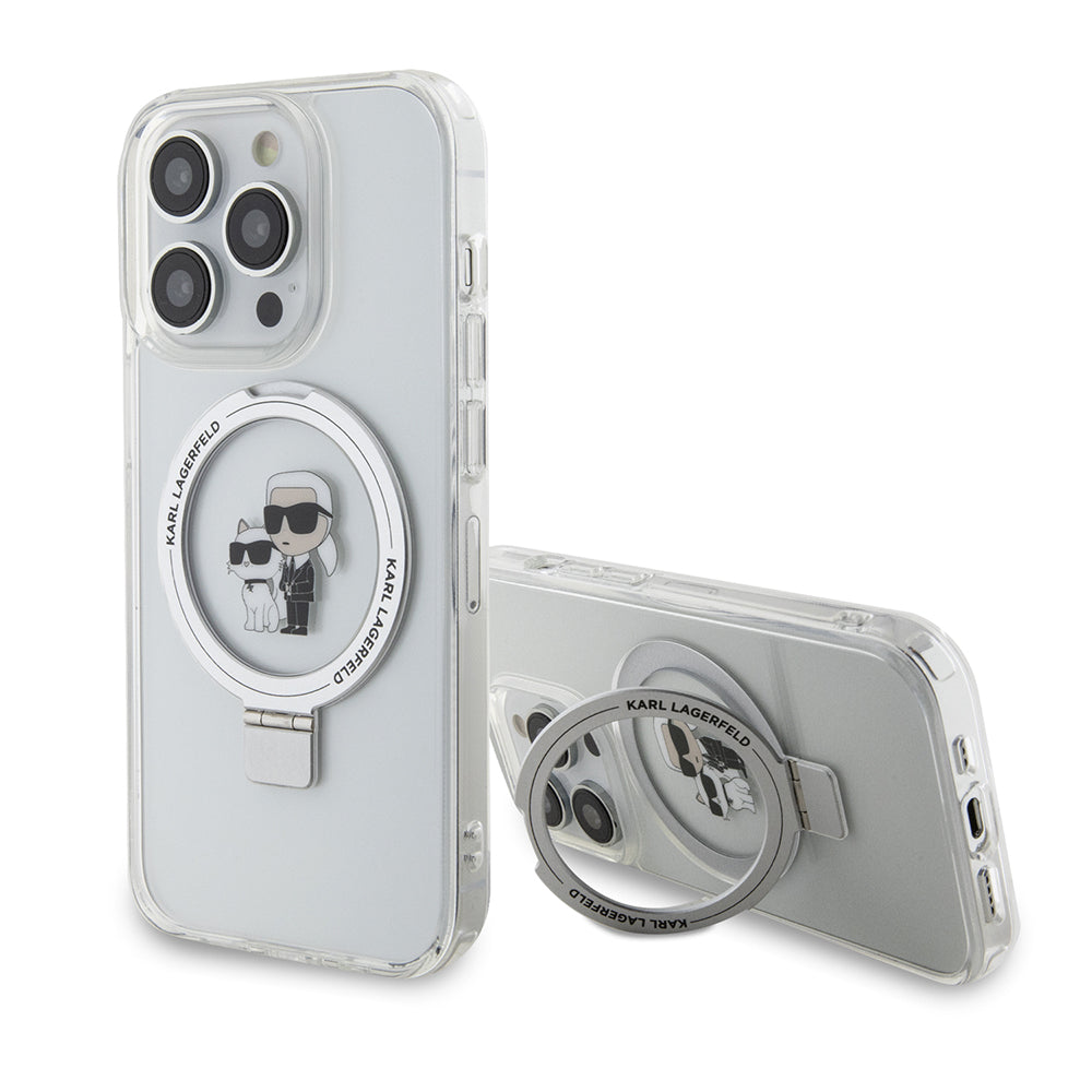 MagSafe Hülle für Apple iPhone 15 Pro, Karl Lagerfeld, Ring Stand Karl & Choupette, Weiß