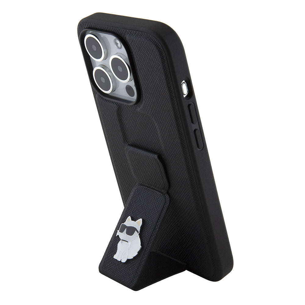 MagSafe Hülle für Apple iPhone 15 Pro, Karl Lagerfeld, Saffiano Gripstand Choupette, Schwarz