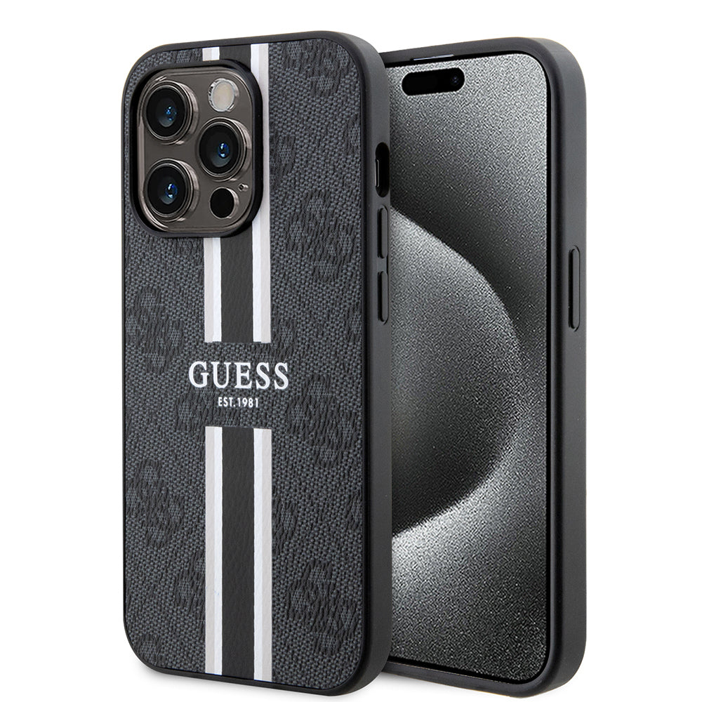 MagSafe Case for Apple iPhone 15 Pro Max, Guess, 4G Printed Stripes, Black