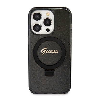 MagSafe Hülle für Apple iPhone 15 Pro Max, Guess, IML Ring Stand Glitter, Schwarz