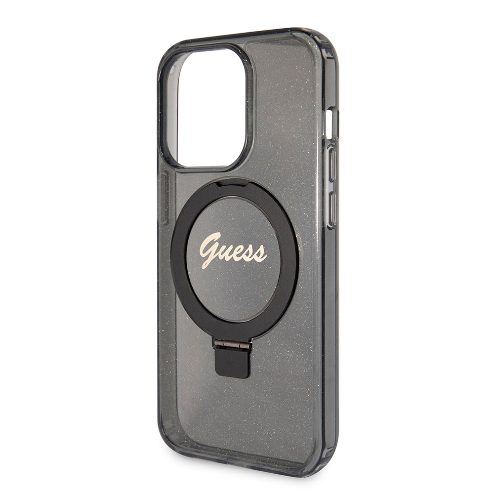 MagSafe Hülle für Apple iPhone 15 Pro Max, Guess, IML Ring Stand Glitter, Schwarz