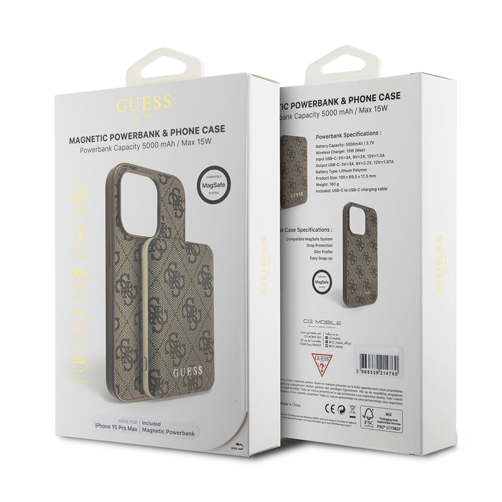 MagSafe Hülle für Apple iPhone 15 Pro Max, Guess, Powerbank 4G Metal Logo, Braun