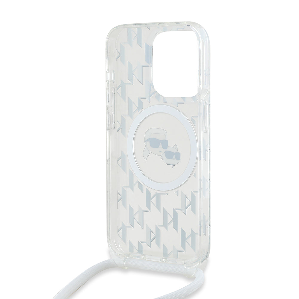MagSafe Hülle für Apple iPhone 15 Pro Max, Karl Lagerfeld, IML Crossbody Monogram Karl & Choupette's Heads, Transparent